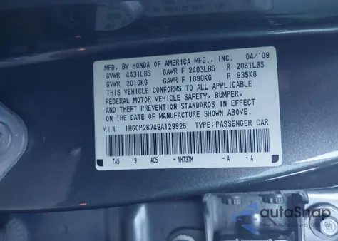 2009 Honda Accord 2.4 Ex z USA, uszkodzony, nr VIN 1HGCP26749A129926